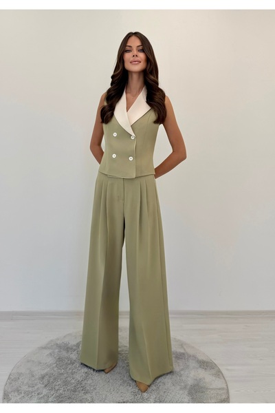 ossons Atelier Contrast Collar Pleated Palazzo Suit (Light Khaki-Cream)