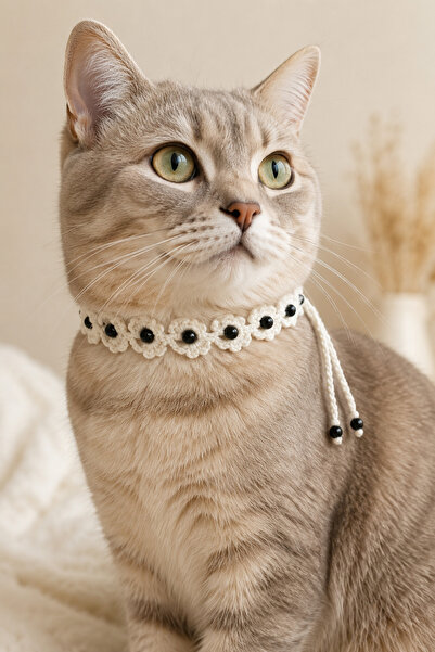 NEHOLİA Hand Knitted Cat Collar with Black Beads, White Cat Neck Accessory, H...