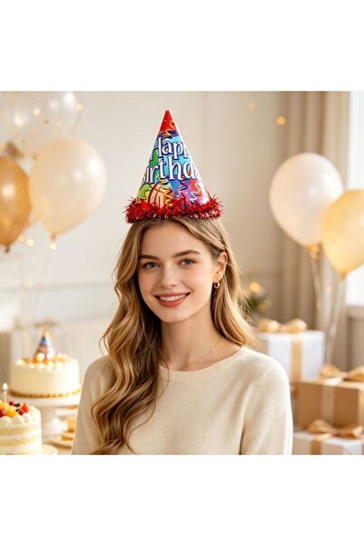 idei Conical headdress for birthday party, height 20 cm, decoration with Frin...
