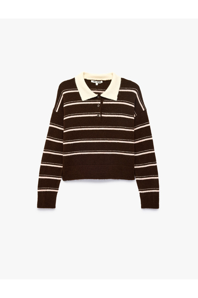 Koton Soft Textured Buttoned Long Sleeve Polo Neck Striped Crop Knit Sweater
