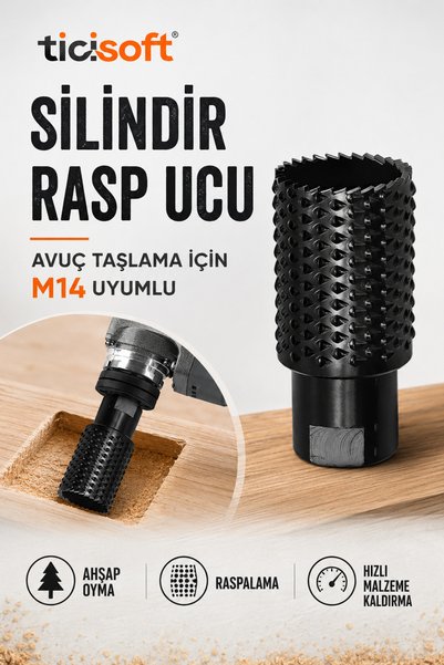 Ticisoft Avuç Taşlama İçin M14 Silindir Ahşap Oyma Rasp Ucu – Karbon Çelik Tr...