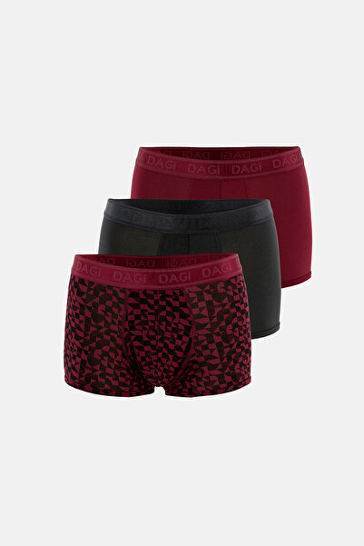 Dagi Burgundy-Black 3-Piece Patterned Micro Modal Boxer