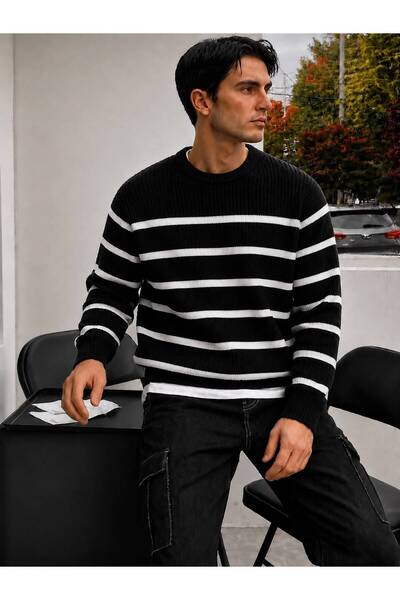 threeoff Men's Crew Neck Striped Knitwear Sweater Long Sleeve Oversize Casual...