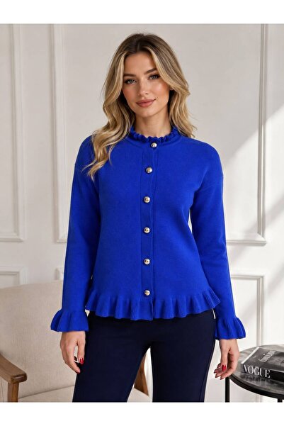 STF MODA Women's Ruffle Detailed Buttoned Knitwear Cardigan Long Sleeve Casua...