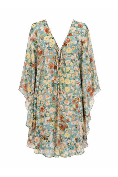 GOB Büyük Beden Kaftan Pareo - Open at the Front, V-Neck, Patterned