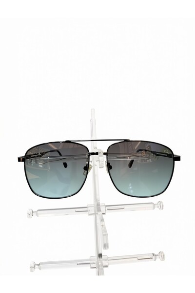 Unisex Siyah Metal Çerçeveli Çift Köprülü Yeşil-Mavi Degrade Camlı Kare / Pilot UV400 Güneş Gözlüğü