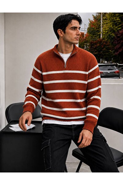 threeoff Men's Striped Knitwear Sweater Half Zipper Stand Collar Regular Fit ...
