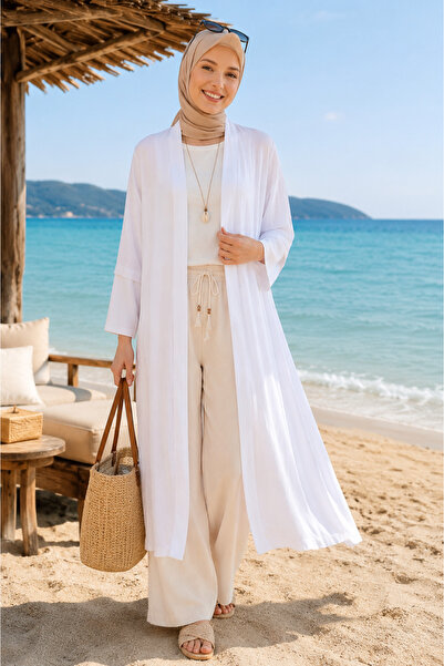 moonra collection Krem Maxi Boy Trend Tesettür Kimono