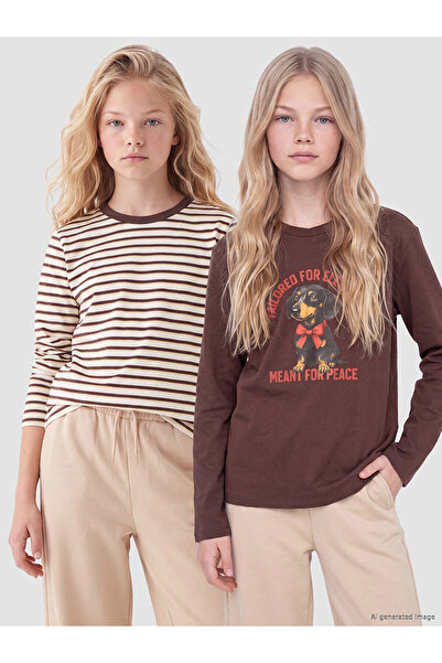 LC Waikiki Lcw Kids Brown Crew Neck Printed and Striped Girls' 2-Piece T-Shirt