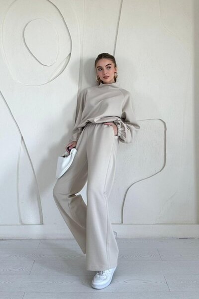 Elbee Fashion Woman Σετ αθλητικής φόρμας μπεζ Stand Up Collar