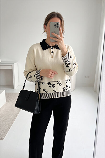 SAYZEN YOUR SHİNE Shirt Collar Floral Pattern Sweater-Pants Women's Knitwear Set
