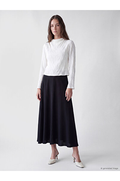 LC Waikiki Lcw Modest Black Modal Blend Flared Skirt with Zipper at the Waist