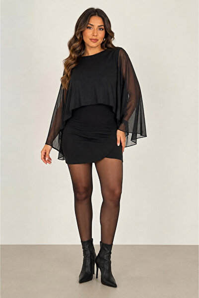 BLOUSE Kadın Siyah İki Parçalı Tül Detaylı Viskon Atletli Pelerin Bluz