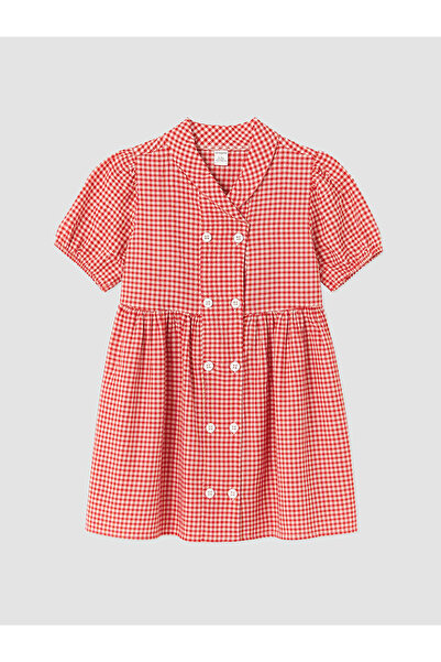 LC Waikiki Lcw Kids Red V-Neck Plaid Girls Dress