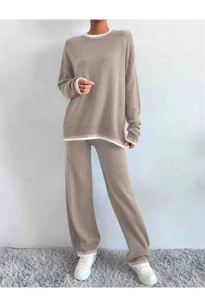 banessa Women's Knitwear Set with Contrast Stitching Detail, Sweater and Pants