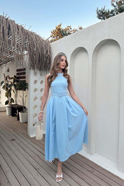 Elbee Fashion Woman Μπλε φόρεμα με γιακά Halter