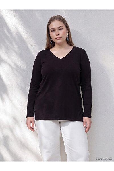 LC Waikiki Lcwaikiki Curve Black Large Size 100% Cotton Women's T-Shirt