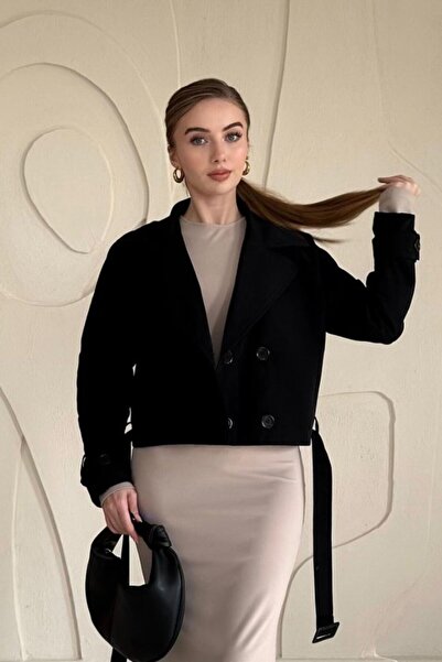 SEREMONİ BUTİK Black Belted Short Trench Coat