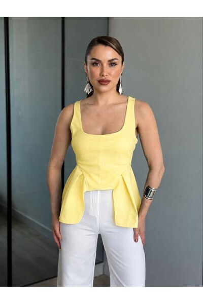 solena sln Kadın Kare Yaka Kalın Askılı Peplum Bluz