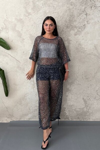Elbee Fashion Woman Σετ με παγιέτες σε σκούρο μπλε χρώμα