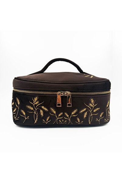3rd March Studio Golden Wheat Embroidered Brown Velvet Makeup Bag & Organizer...