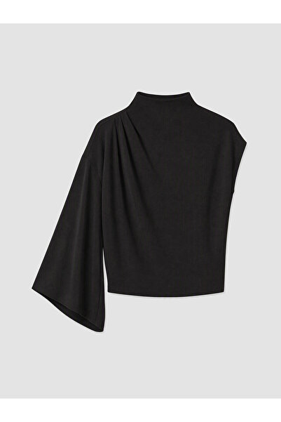 LC Waikiki Black Stand Collar Gathered Blouse