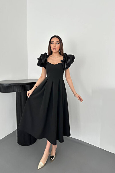 Elbee Fashion Woman Black Sleeves Balloon Pleated Atlas Dress