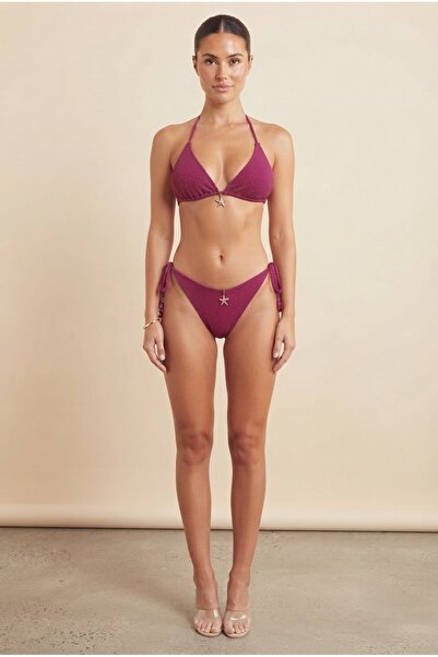 Maser Koyu Mor Deniz Yıldızı Aksesuarlı İpli Bağlamalı Üçgen Bikini Takımı Pl...