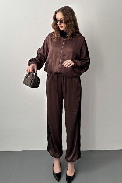 Elbee Fashion Woman Brown velvet stripe detailed satin tracksuit set