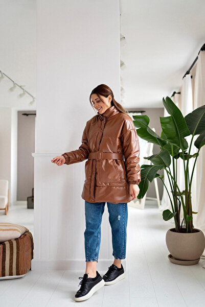 SEREMONİ BUTİK Women's Tan Belted Leather Puffer Coat