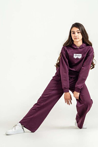 Riccotarz Kız Çocuk Üzeri Dantel Bonjour Yazı Detaylı Kapüşonlu Sweatshirt Bol Kesim Mürdüm Eşofman Takım