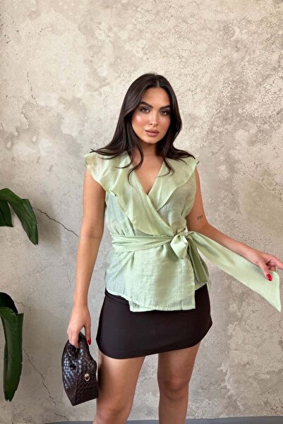 Elbee Fashion Woman Women's Mint Waist-Tie Blouse