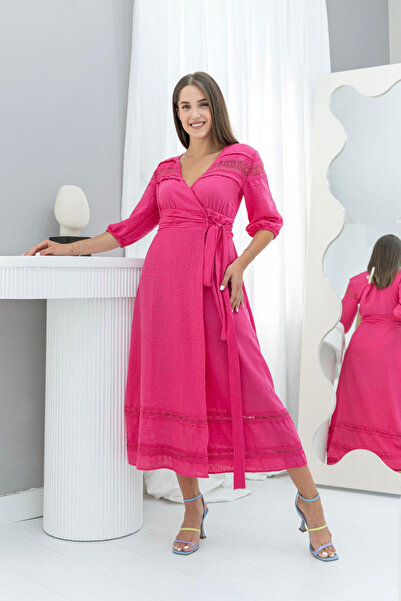 Elbee Fashion Woman Φούξια Δαντέλα Λεπτομέρεια Λινό Φόρεμα