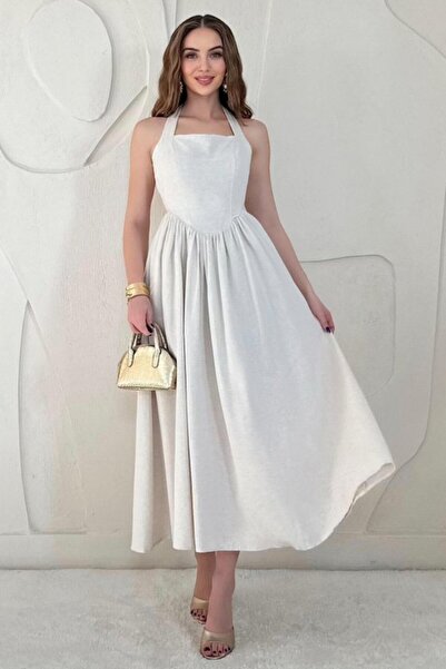 LUMU Μπεζ λινό φόρεμα Halter