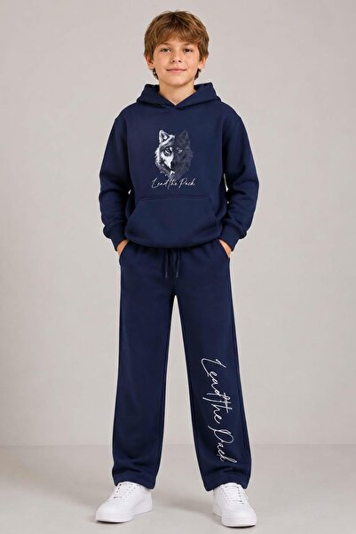 Riccotarz Erkek Çocuk Önü ve Arkası Kurt Çizim Baskılı Kapüşonlu Sweatshirt Lacivert Eşofman Takım