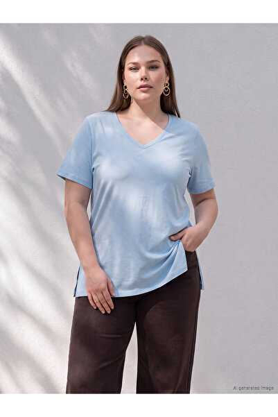 LC Waikiki Lcwaikiki Curve Blue Large Size 100% Cotton Women's T-Shirt