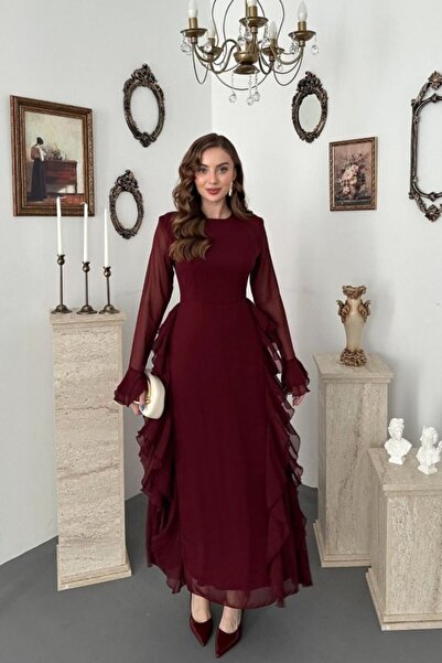 Generic Brand Rochie din șifon cu volane, de culoare burgundy