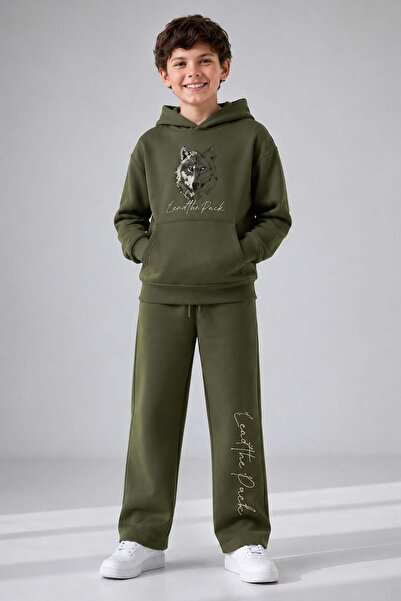 Riccotarz Erkek Çocuk Önü ve Arkası Kurt Çizim Baskılı Kapüşonlu Sweatshirt Yeşil Eşofman Takım