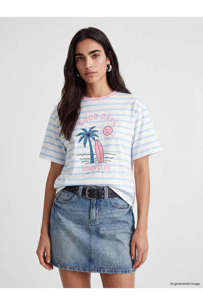LC Waikiki Natuvera Blue Striped 100% Cotton Women's T-Shirt
