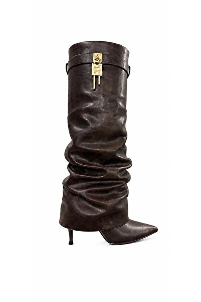 LOJO Women's Pointed Toe Bellows Belt Buckle Detailed Heeled Boots Bonita Brown