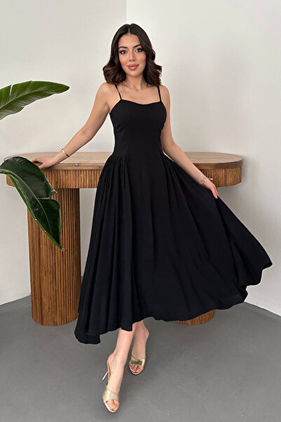 Elbee Fashion Woman Women's Black Long Drawstring Dress with Breast Cups
