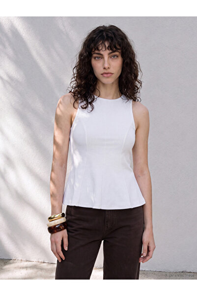 LC Waikiki Lcw Petite White Crew Neck Peplum Blouse