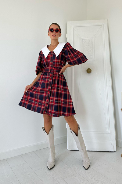 SEREMONİ BUTİK Woman's red baby collar plaid dress