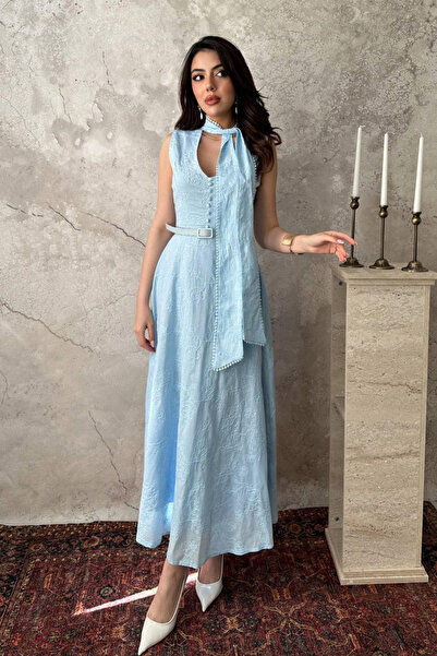 Elbee Fashion Woman Blue Embroidered Halter Neck Dress