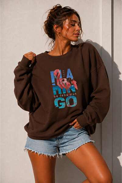 BW Bravely Wear Women's Crew Neck 1990 Flamingo Printed Oversize Embroidered ...