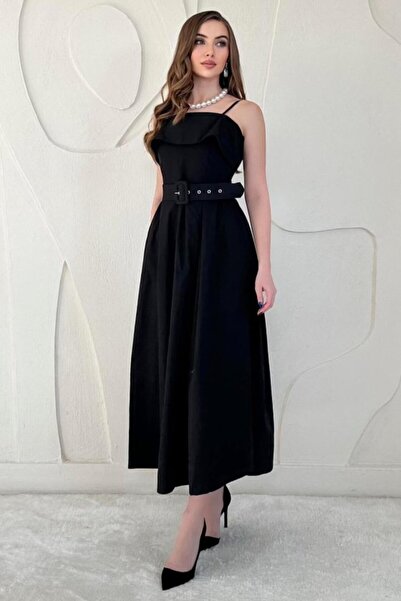 Elbee Fashion Woman Black Belted Belted Strap Pleated Dress