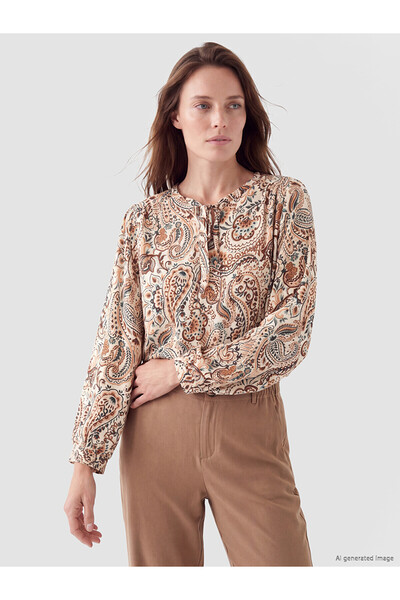LC Waikiki Lcw Grace Beige Tie Collar Patterned Blouse