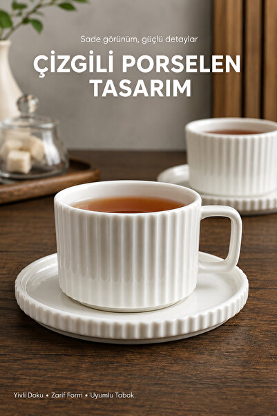Vienev 2 Kişilik Çizgili Beyaz Porselen Çay Fincanı Seti 220 ml Tabaklı Şık Çay Fincan Takımı