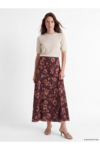 LC Waikiki Lcw Grace Burgundy Floral A-Line Skirt with Elastic Waist