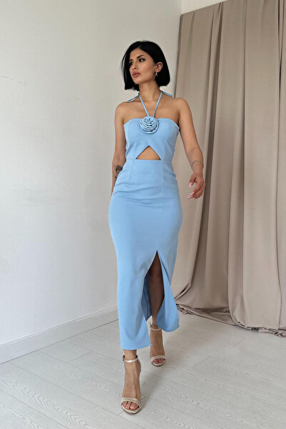 Elbee Fashion Woman Women's Baby Blue Halter Neck Rose Dress